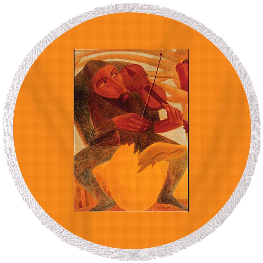 The Man And Mouse Round Beach Towel featuring the painting The Man and Mouse by Israel Tsvaygenbaum