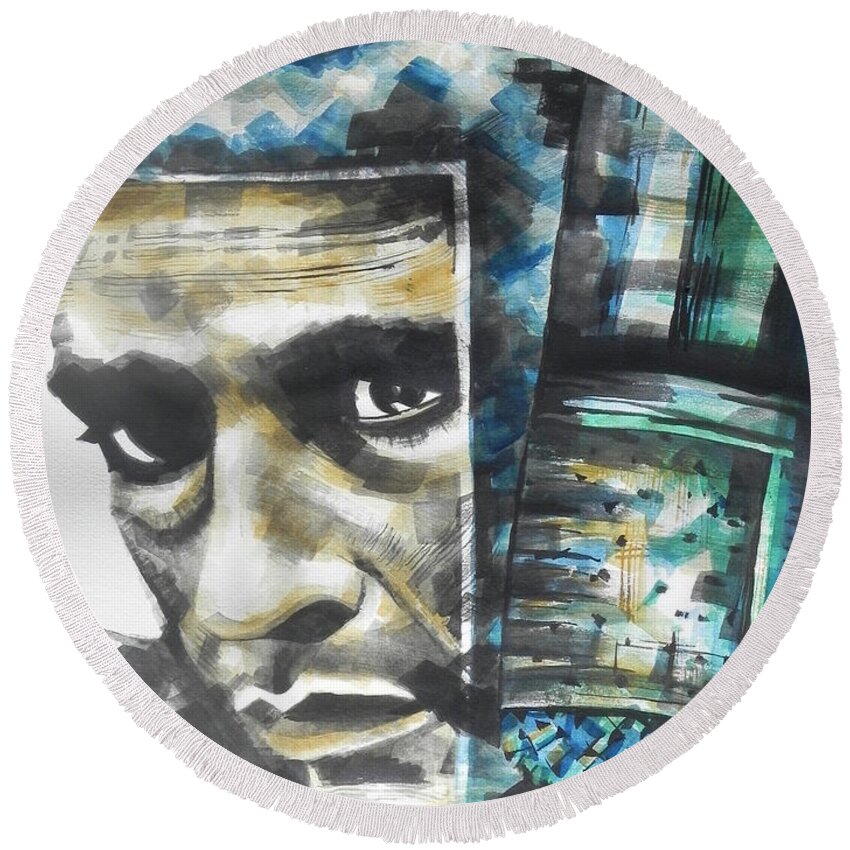 Watercolor Painting Round Beach Towel featuring the painting The Man In Black Singer Johnny Cash by Chrisann Ellis