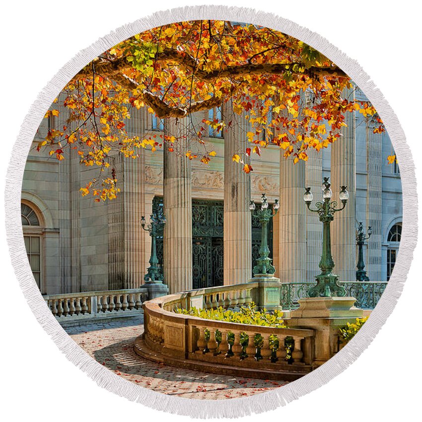 Newport Round Beach Towel featuring the photograph The Marble House in Autumn by Mitchell R Grosky