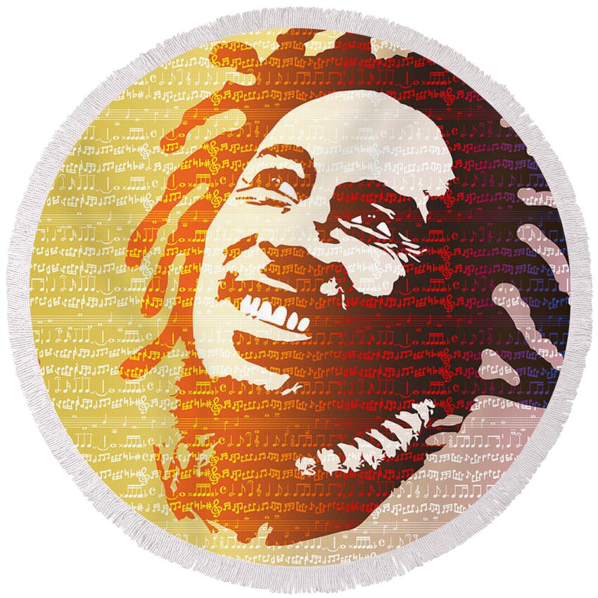 Reggae Round Beach Towel featuring the digital art The Music Lives On by Anthony Mwangi