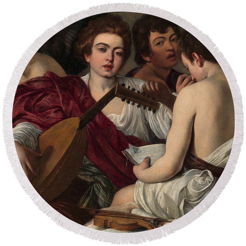 The Musicians Round Beach Towel featuring the painting The Musicians by Caravaggio