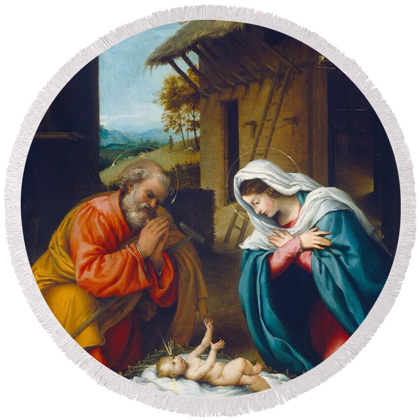 Holy Family; Joseph; Virgin Mary; New Testament; Birth; Jesus; Baby; Stable; Angels; Halo; Praying; Kneeling; Renaissance; Adoration; Boy; Female; Male; Italian; Religion; Christianity; Basket; Life Of Christ; Nativity Round Beach Towel featuring the painting The Nativity 1523 by Lorenzo Lotto