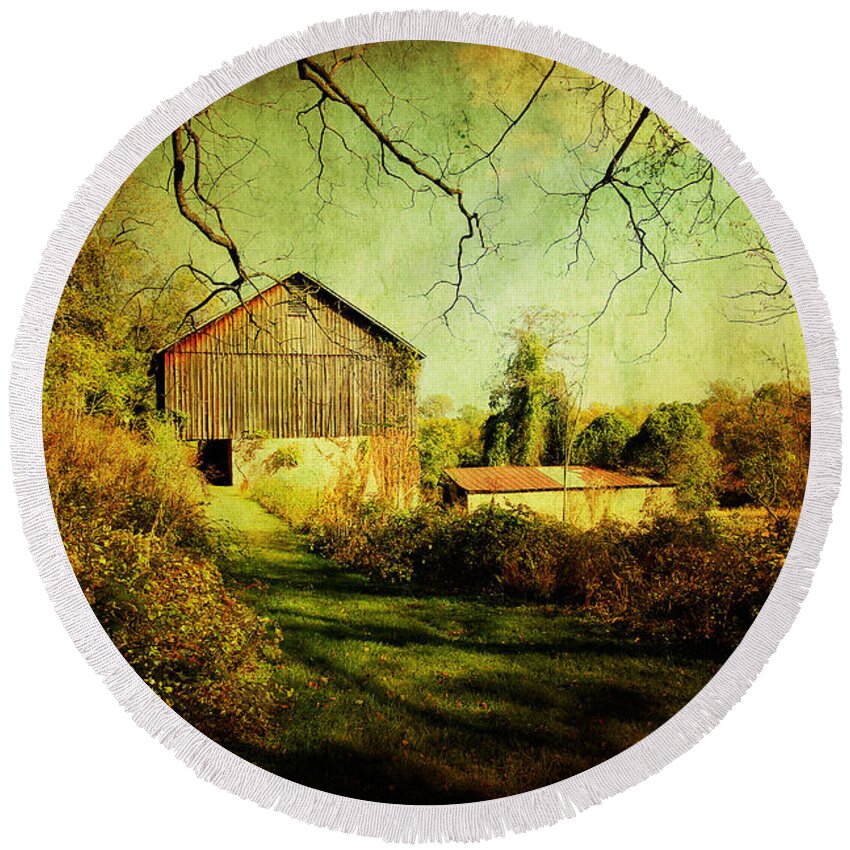 Barn Round Beach Towel featuring the photograph The Old Barn with Texture by Trina Ansel