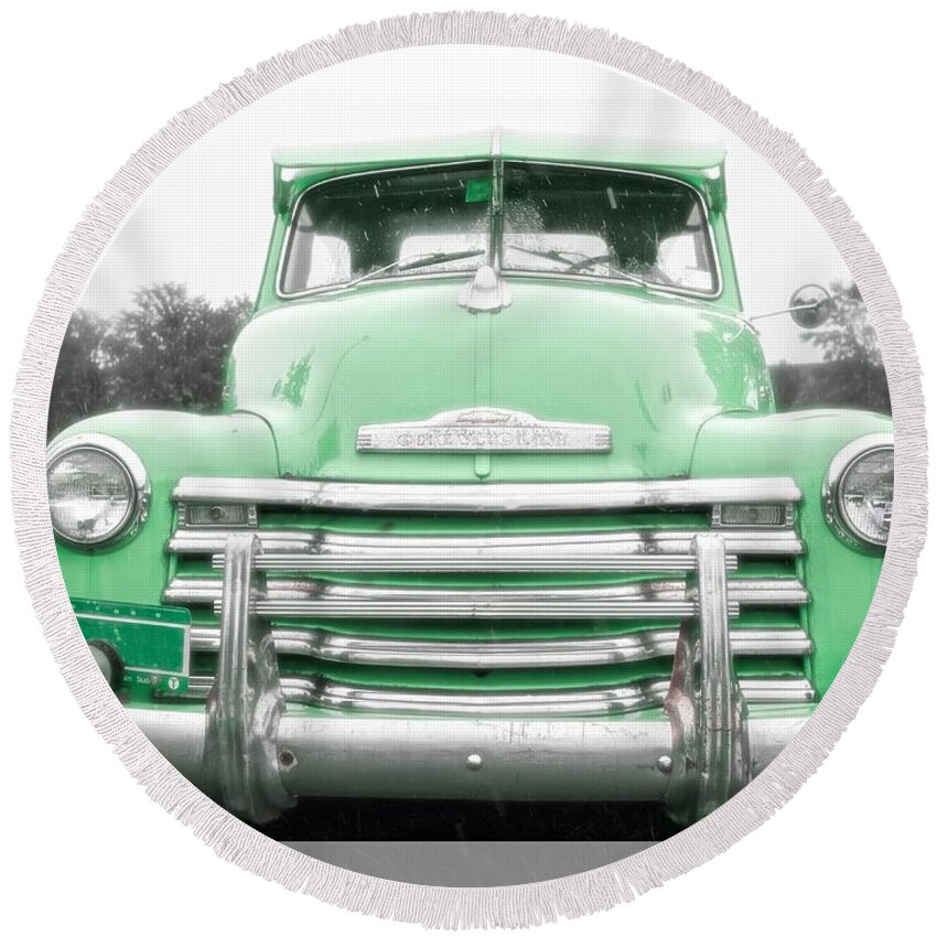 Chevy Round Beach Towel featuring the photograph The Old Green Chevy Pickup Truck by Edward Fielding