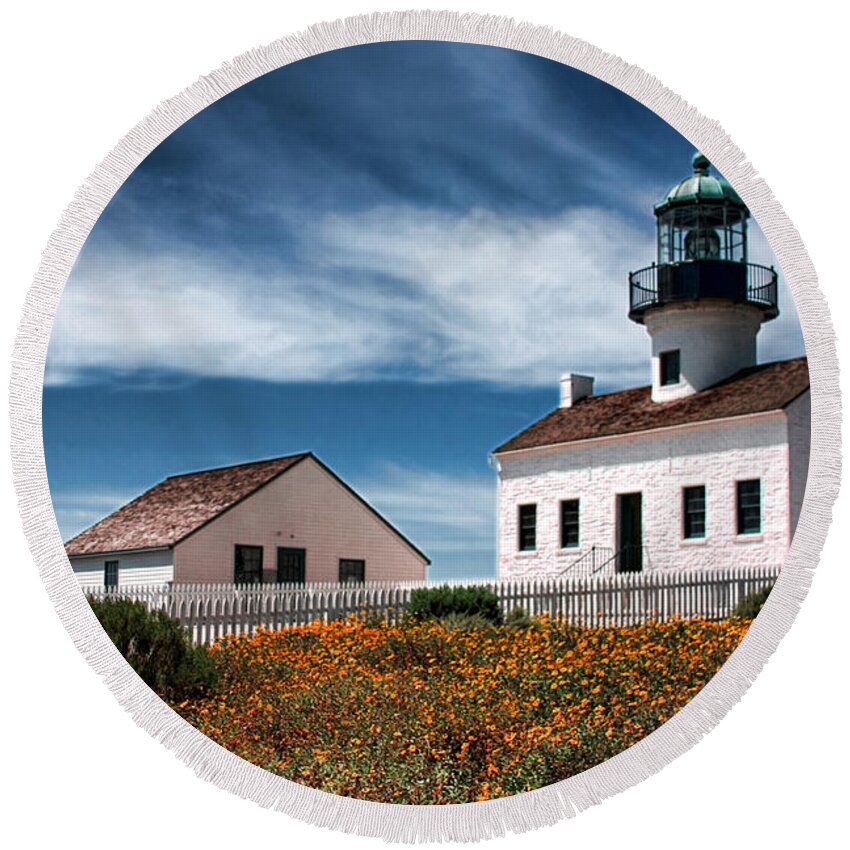 Point Loma Round Beach Towel featuring the photograph The Old Point Loma Lighthouse by Diana Sainz by Diana Raquel Sainz