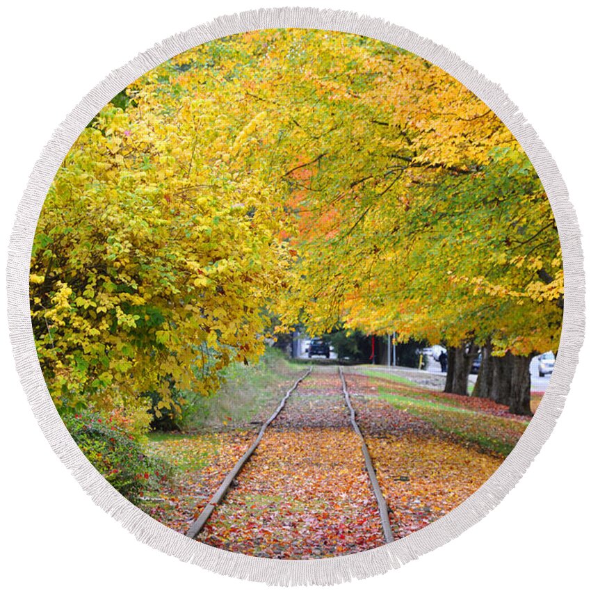 Autumn Round Beach Towel featuring the painting The Tracks by Kirt Tisdale