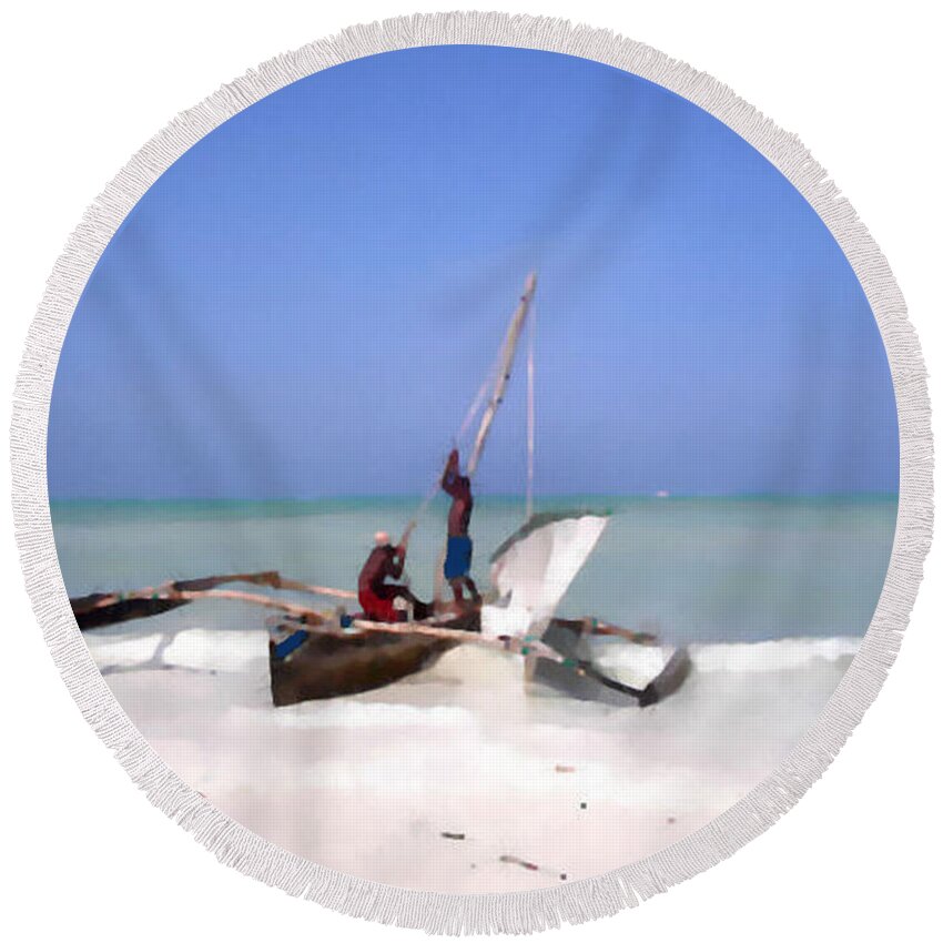 Tall-ship Round Beach Towel featuring the painting The Outrigger by Jann Paxton