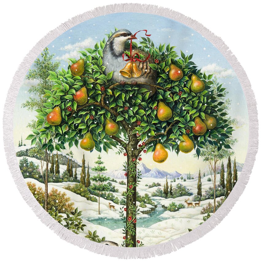 Christmas Round Beach Towel featuring the painting The Partridge in a Pear Tree by Lynn Bywaters