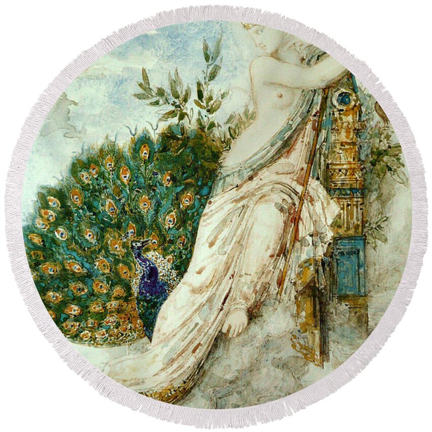 Gustave Moreau Round Beach Towel featuring the drawing The Peacock complaining to Juno by Gustave Moreau