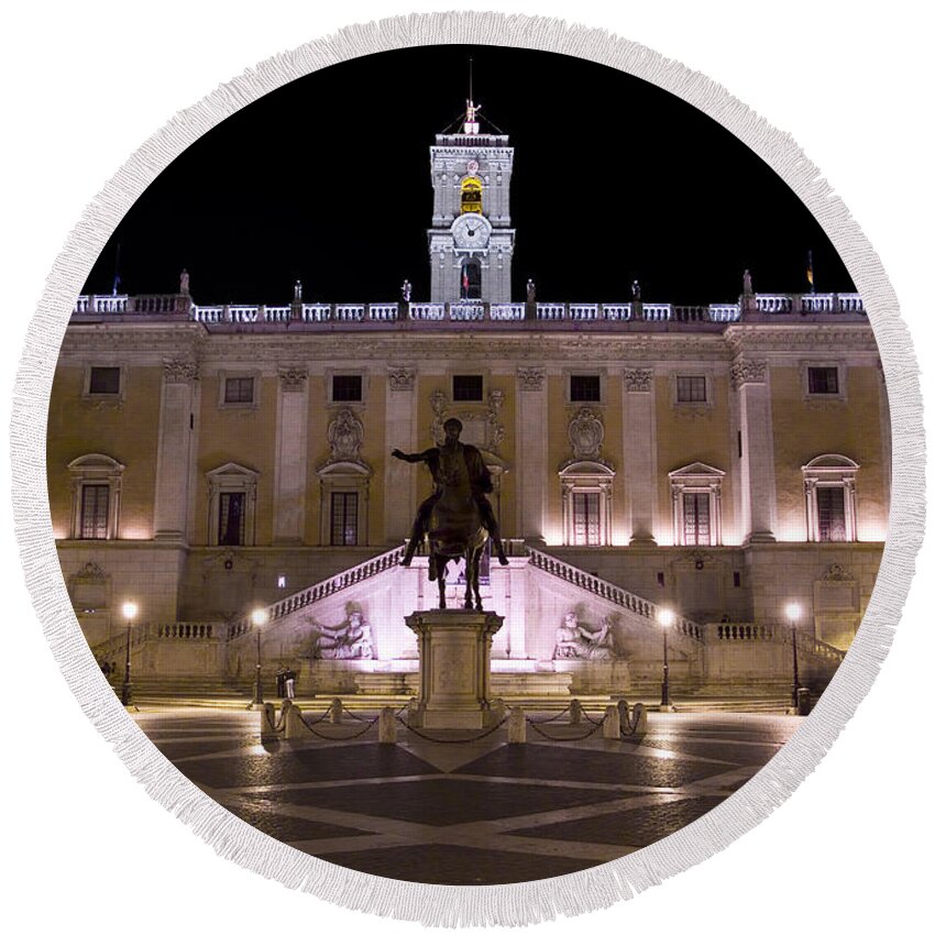 Rome Round Beach Towel featuring the photograph The Piazza del Campidoglio at night by Weston Westmoreland