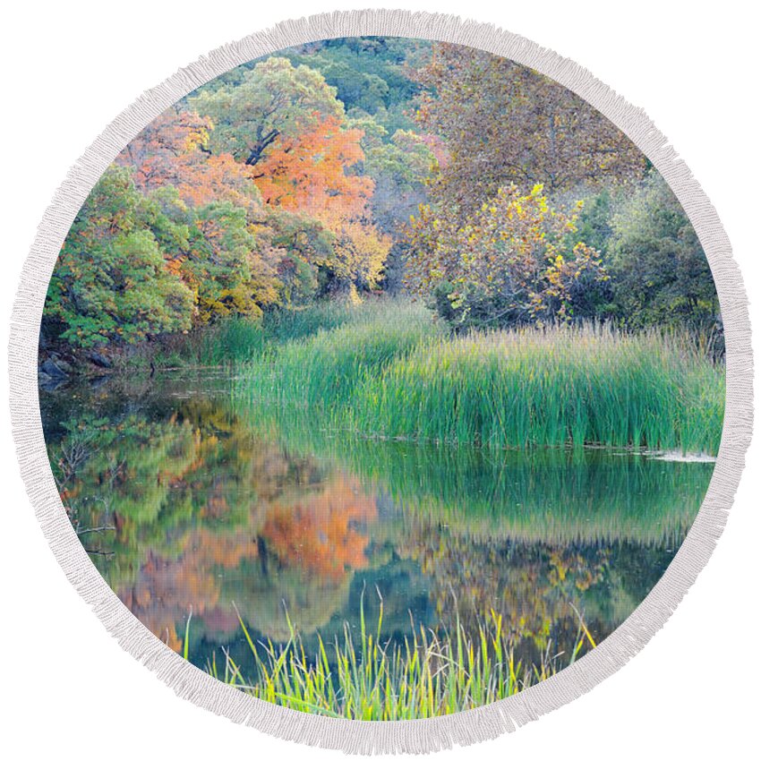 Lost Maples Round Beach Towel featuring the photograph The Pond at Lost Maples State Natural Area - Texas Hill Country by Silvio Ligutti