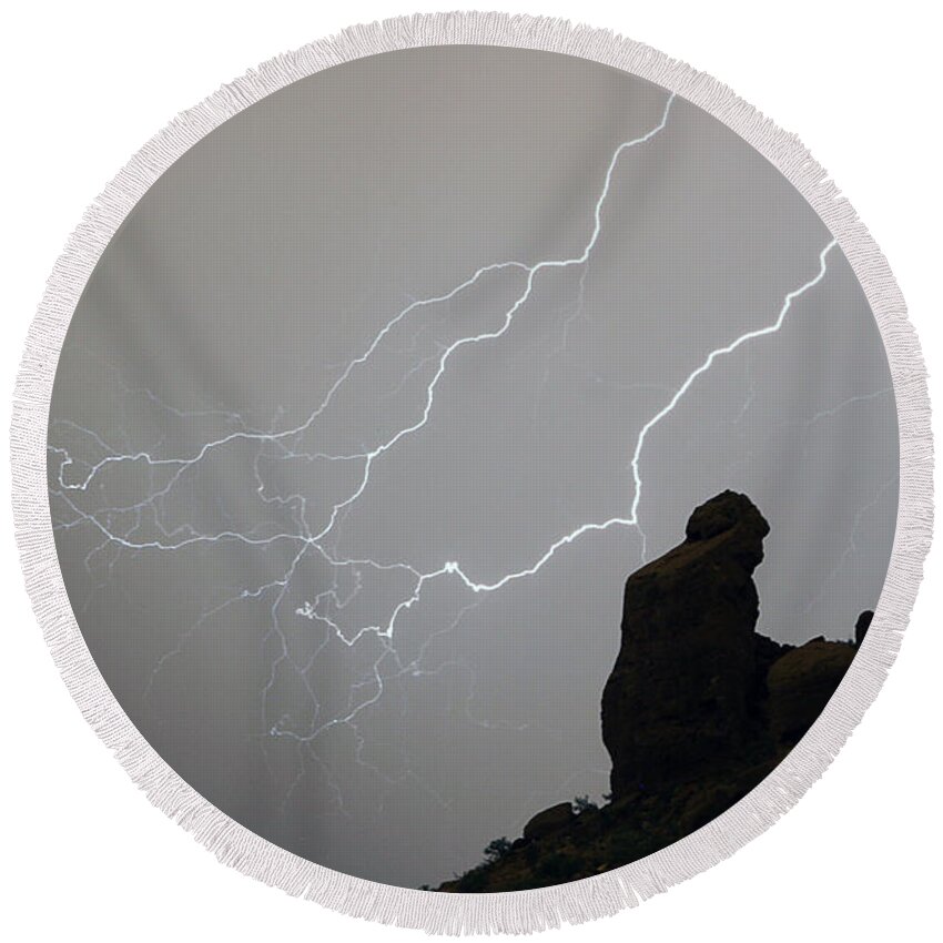 Praying Monk Round Beach Towel featuring the photograph The Praying Monk Lightning Storm Chase by James BO Insogna