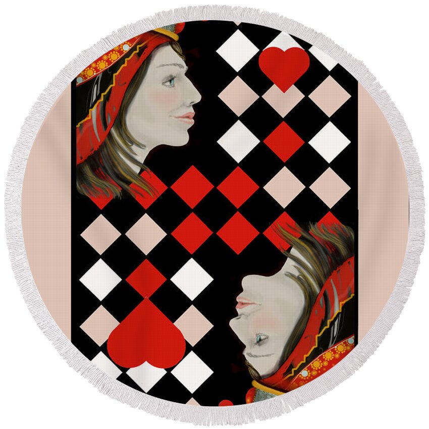 Queen Round Beach Towel featuring the digital art The Queen's Card in Pink by Carol Jacobs