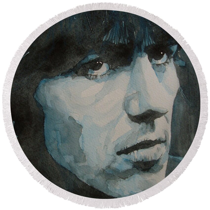 The Beatles Round Beach Towel featuring the painting The quiet one by Paul Lovering
