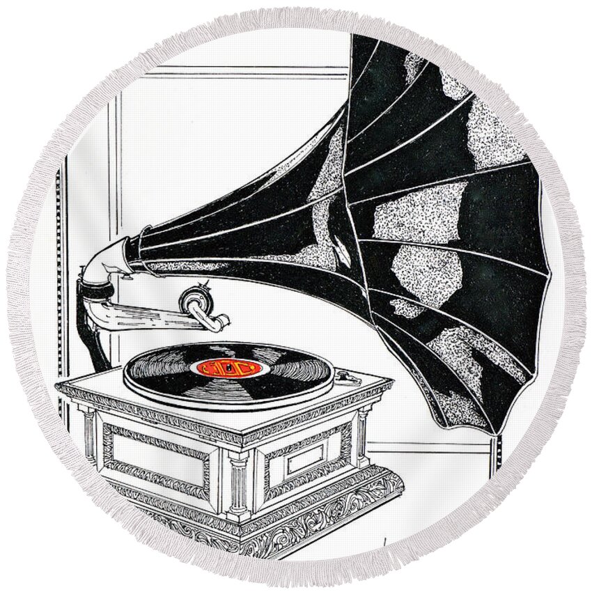 Phonographs Round Beach Towel featuring the drawing The Real Caruso by Ira Shander