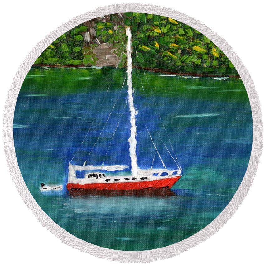 Boat Round Beach Towel featuring the painting The Red and White Boat by Laura Forde