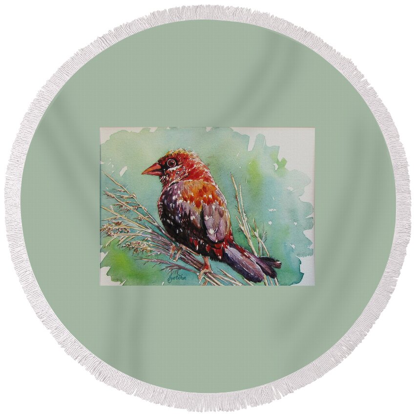 Bird Round Beach Towel featuring the painting The Red Bird by Jyotika Shroff