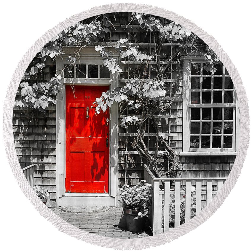 North America Round Beach Towel featuring the photograph The Red Door by Sabine Jacobs