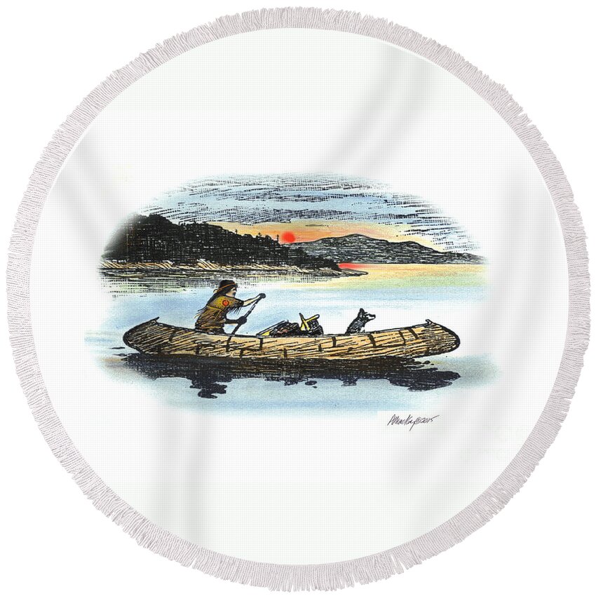 Native American Round Beach Towel featuring the mixed media The Red Paint People Arrive by Art MacKay