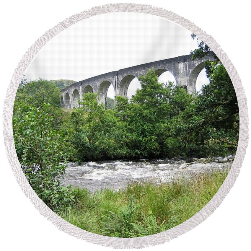 Scottish Highlands Round Beach Towel featuring the photograph The River And The Viaduct by Denise Railey