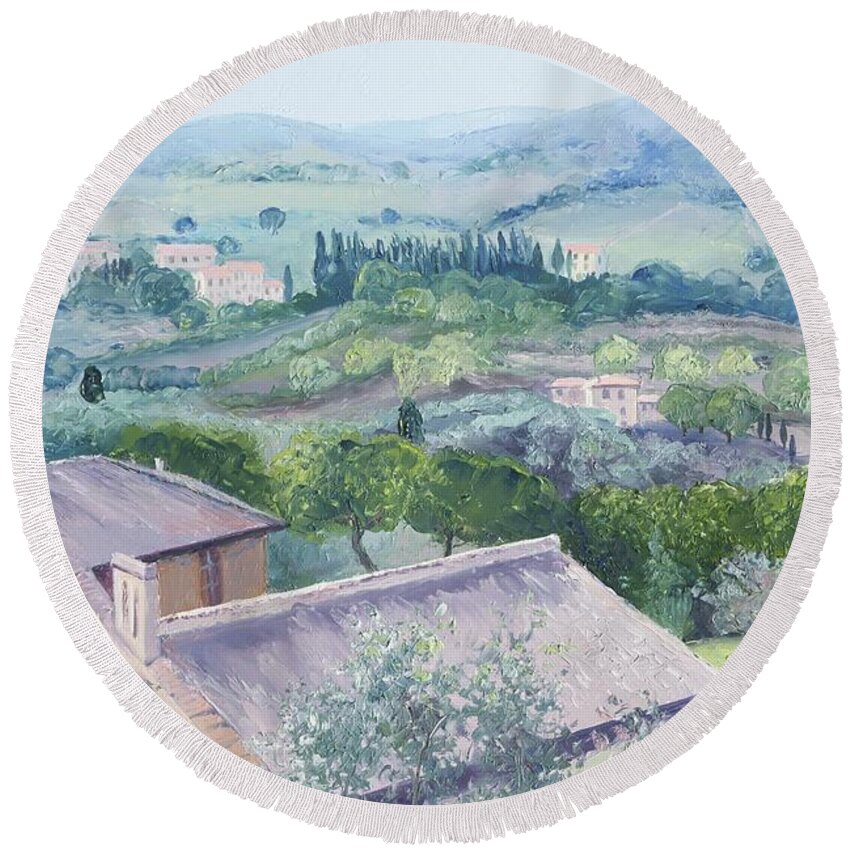 Tuscany Round Beach Towel featuring the painting The Rolling hills of Tuscany by Jan Matson
