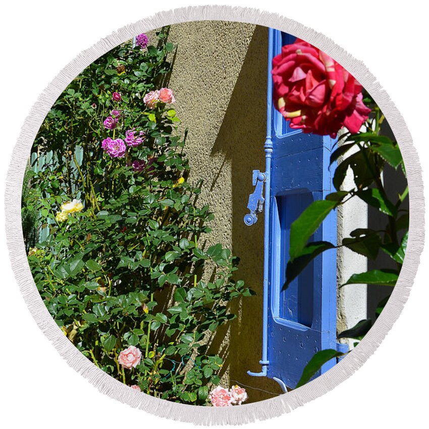 Rose Round Beach Towel featuring the photograph The rose and the blue shutters by Dany Lison