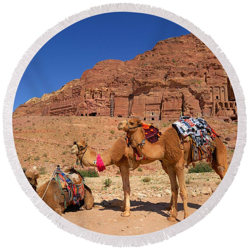 Petra Round Beach Towel featuring the photograph The Royal Tombs by Tony Beck