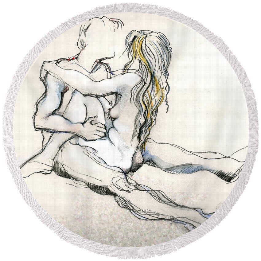 Kama Sutra Round Beach Towel featuring the mixed media The Seesaw - Kama Sutra by Carolyn Weltman