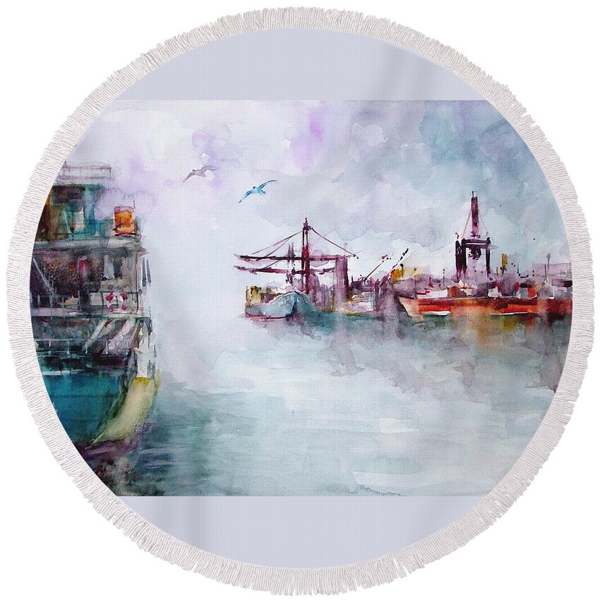 Turkey Round Beach Towel featuring the painting The Ship at Harbor Entrance by Faruk Koksal