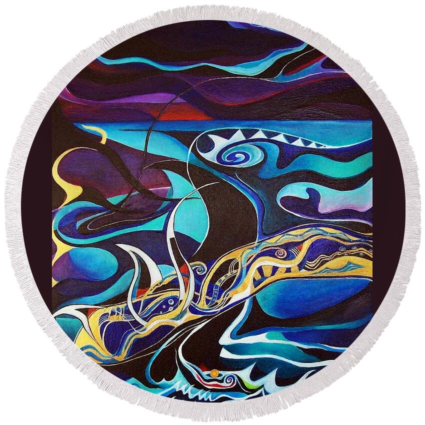 Homer Odyssey Ulysses Sirens Sea Singing Acrylic Abstract Symbolic Greek Mythology Round Beach Towel featuring the painting the singing of the Sirens by Wolfgang Schweizer