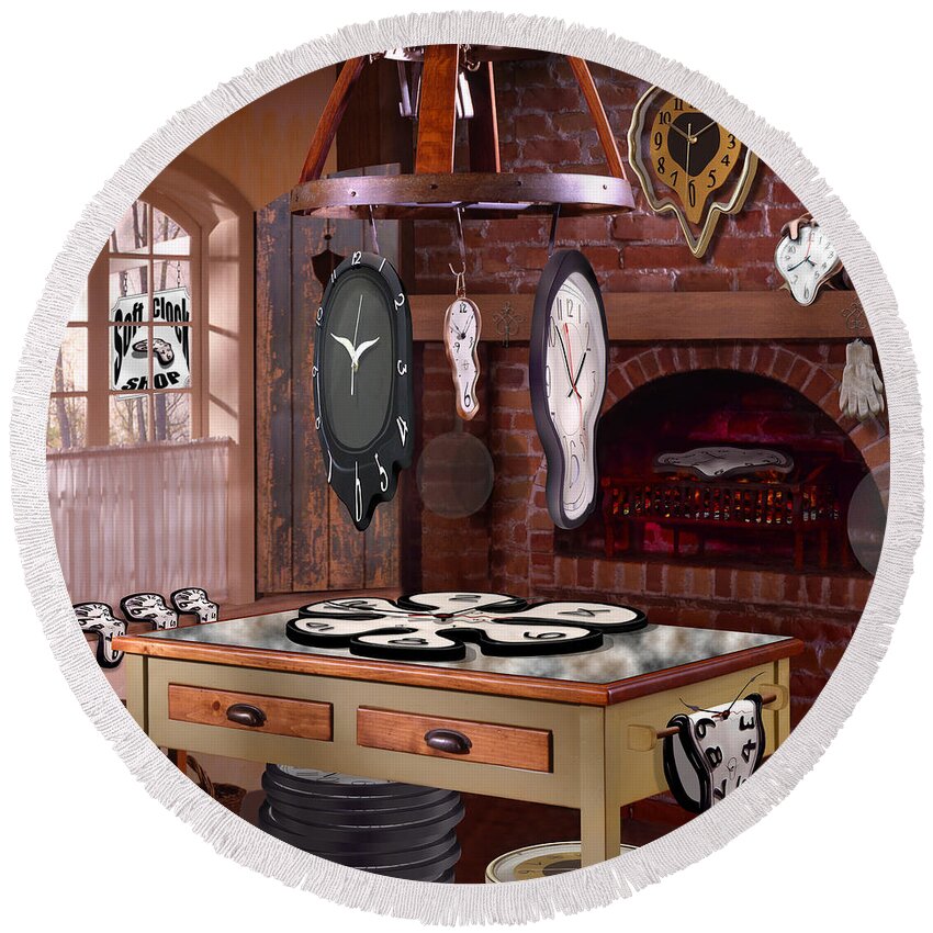 Surrealism Round Beach Towel featuring the photograph The Soft Clock Shop 3 by Mike McGlothlen