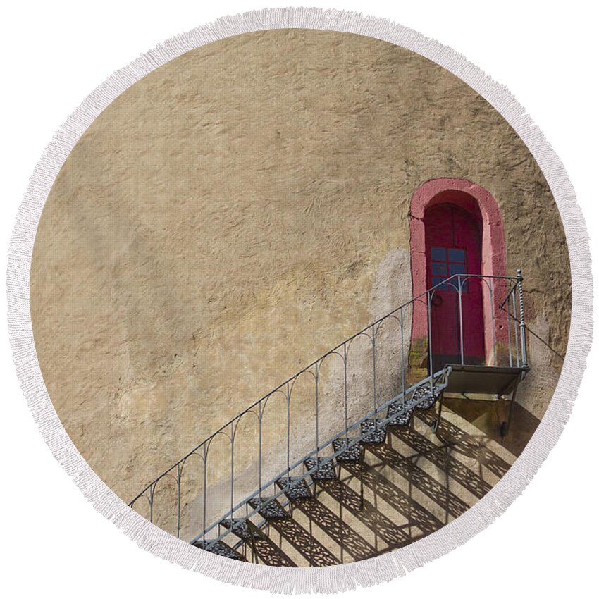 Castle Round Beach Towel featuring the photograph The Staircase to the Red Door by Heiko Koehrer-Wagner