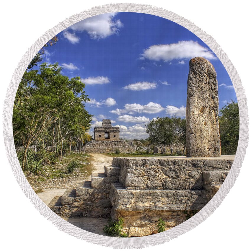Mayan Round Beach Towel featuring the photograph The Stela and the Temple by Jason Politte