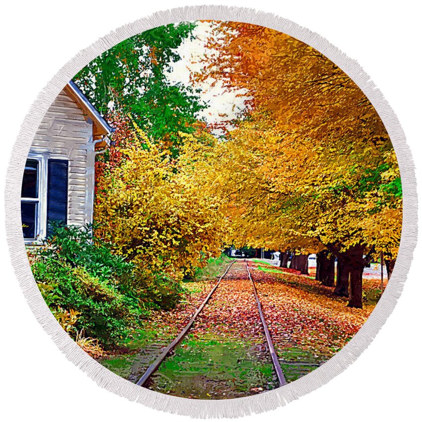 Autumn-foliage Round Beach Towel featuring the painting Tracks By The House by Kirt Tisdale