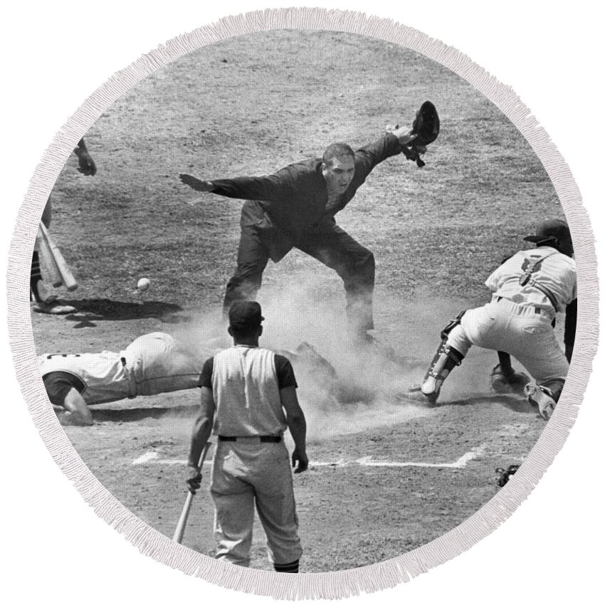 1950s Round Beach Towel featuring the photograph The Umpire Calls It Safe by Underwood Archives