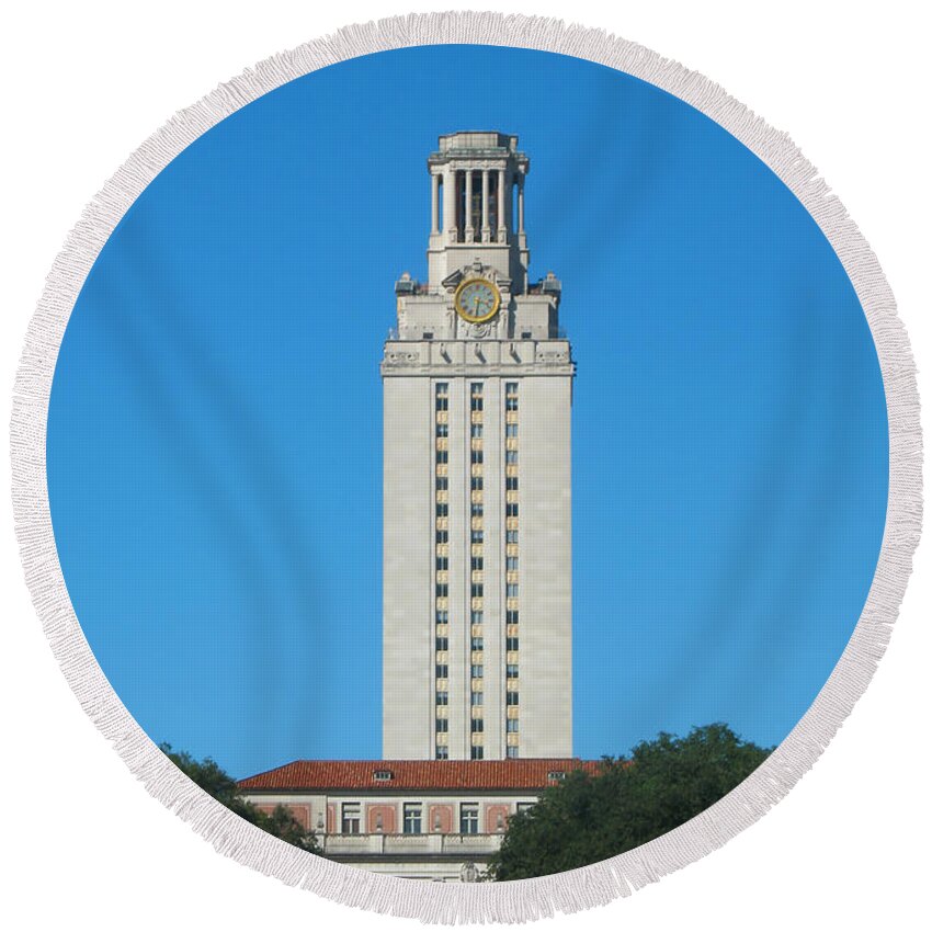 Clock Tower Round Beach Towel featuring the photograph The University of Texas Tower by Connie Fox