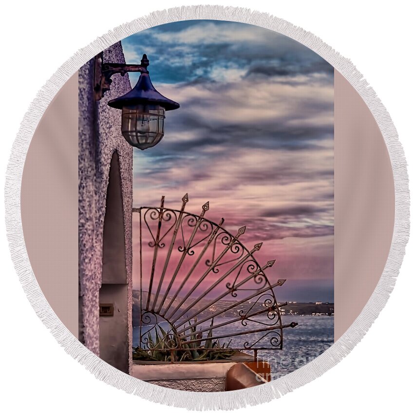 Home Decor Wal Art Round Beach Towel featuring the photograph The View Santorini Greece by Tom Prendergast