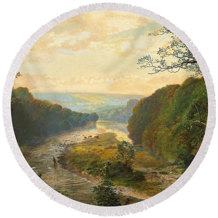 The River Wharfe Round Beach Towel featuring the painting The Wharfe Valley with Barden Tower Beyond by John Atkinson Grimshaw