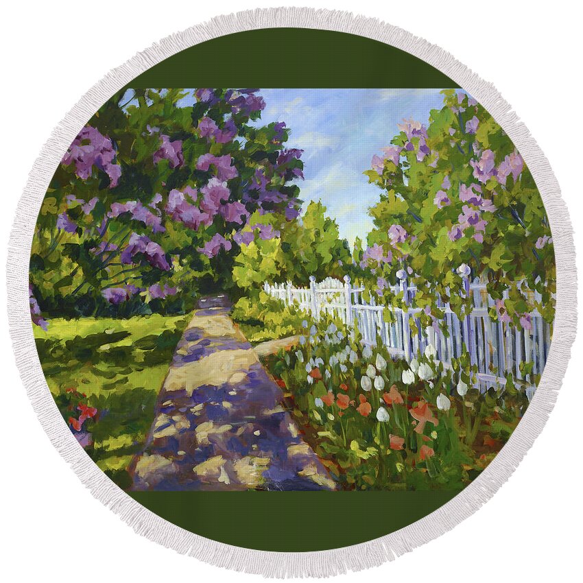 Tulips Round Beach Towel featuring the painting The White Fence by Ingrid Dohm