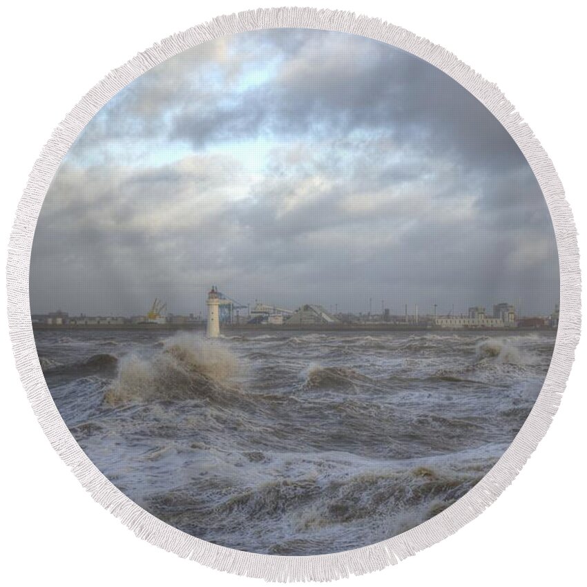 Lighthouse Round Beach Towel featuring the photograph The Wild Mersey 2 by Spikey Mouse Photography