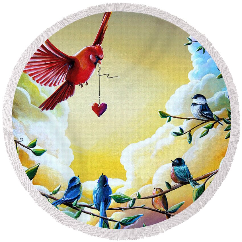 Cardinal Round Beach Towel featuring the painting This Heart Of Mine by Cindy Thornton