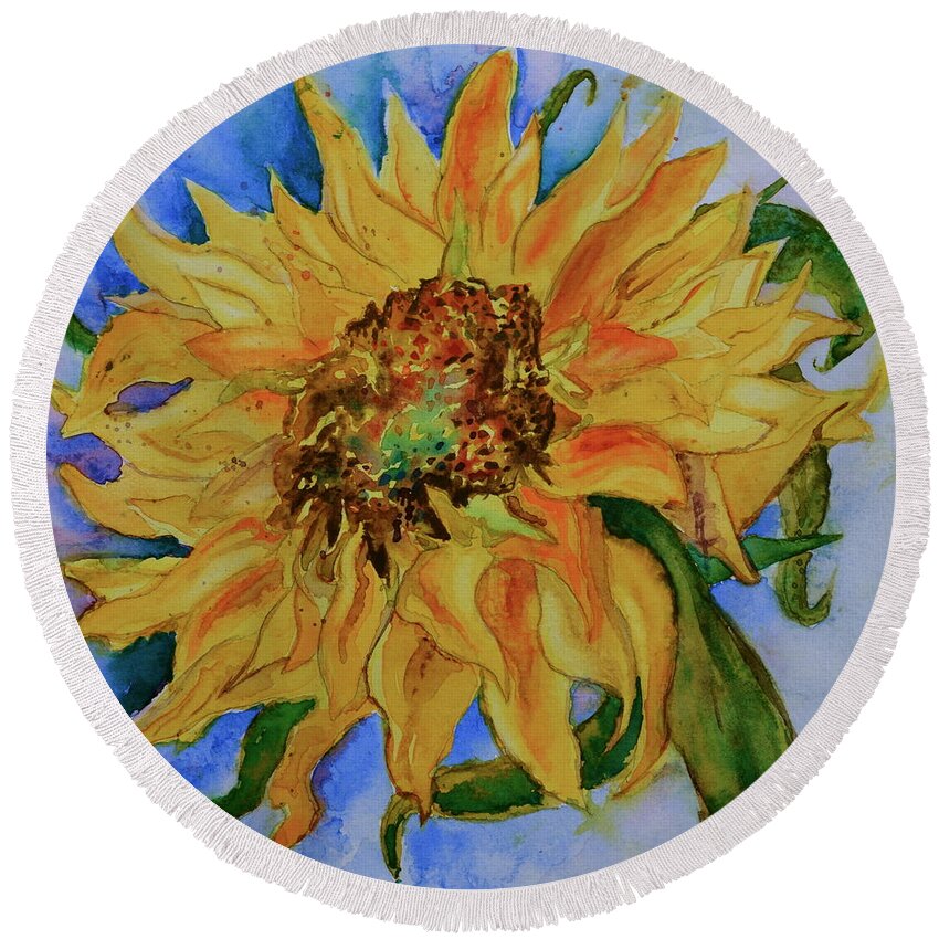 This Here Sunflower Round Beach Towel featuring the painting This Here Sunflower by Beverley Harper Tinsley