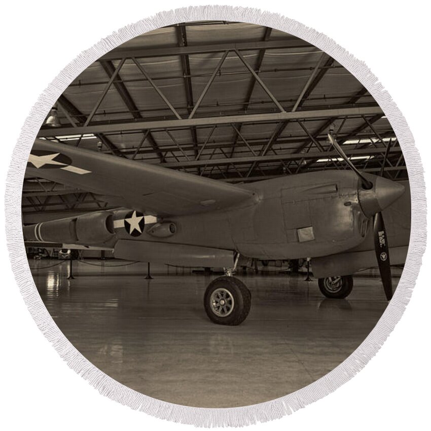 Lockheed P-38 Lighting Round Beach Towel featuring the photograph Thoughts of Midnite P-38 3 by Tommy Anderson