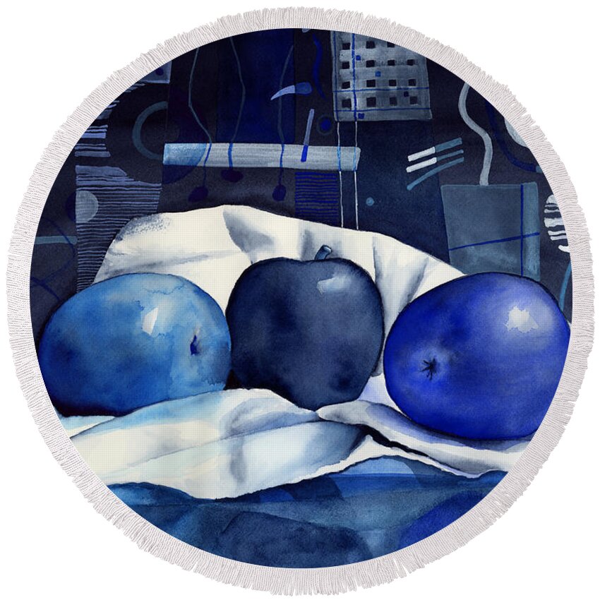 Blue Round Beach Towel featuring the painting Three Apples by Hailey E Herrera