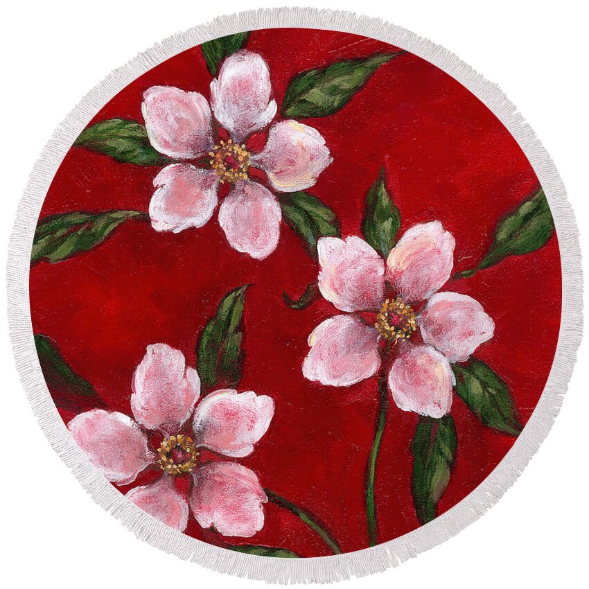 Red Round Beach Towel featuring the painting Three Blossoms on Red by Randy Wollenmann