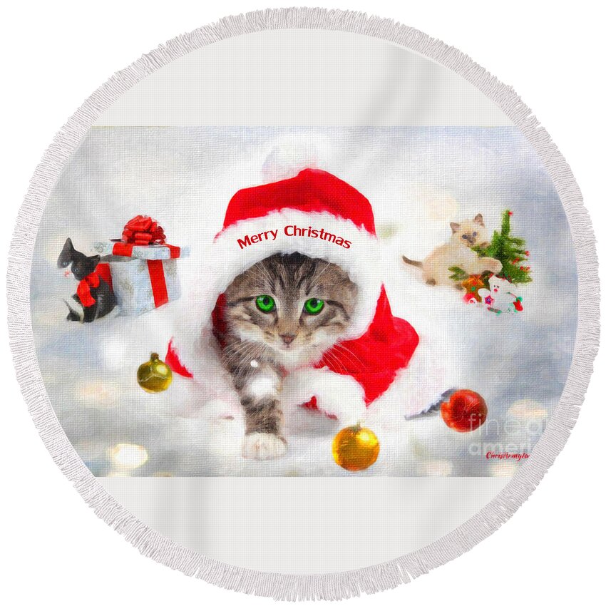 Seasons Round Beach Towel featuring the painting Three Christmas Kittens by Chris Armytage