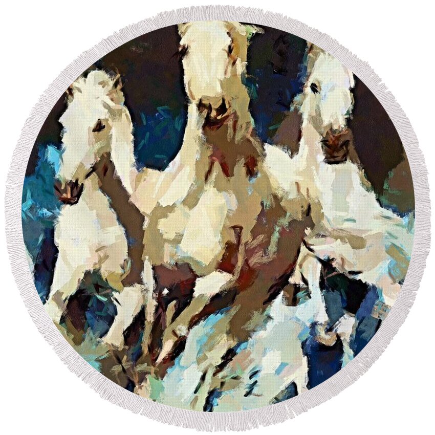 Animal Round Beach Towel featuring the painting Three Lipizzans by Dragica Micki Fortuna