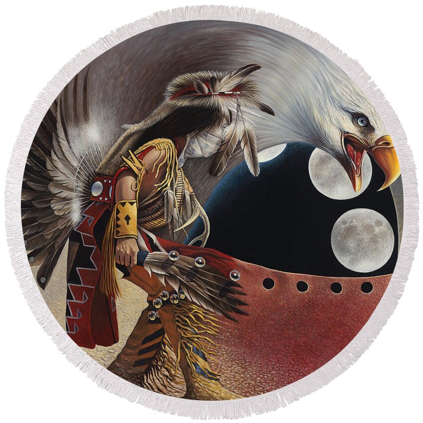 Native-american Round Beach Towel featuring the painting Three Moon Eagle by Ricardo Chavez-Mendez