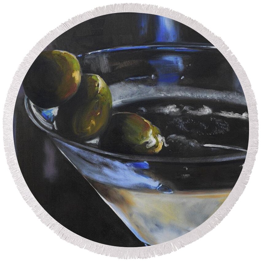 Olive Round Beach Towel featuring the painting Three Olive Martini by Donna Tuten