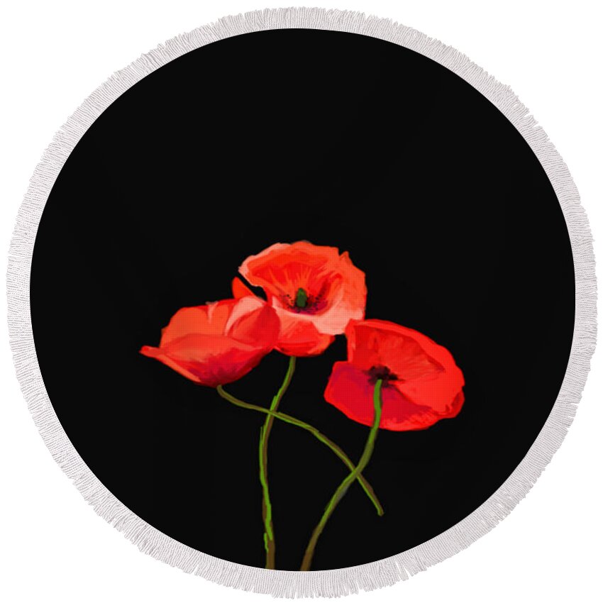 Poppies Round Beach Towel featuring the photograph Three Poppies on Black by Lynn Bolt